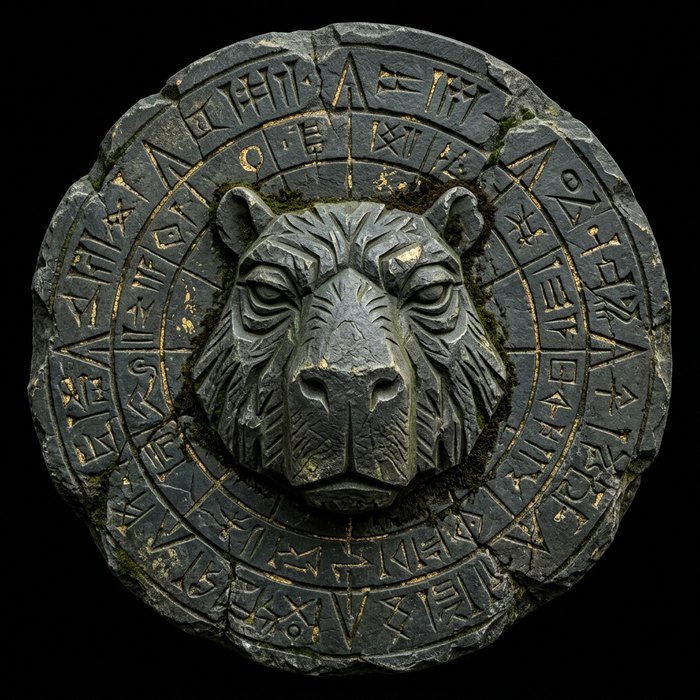 A capybara's face carved into an ancient stone disc ringed with arcane glyphs