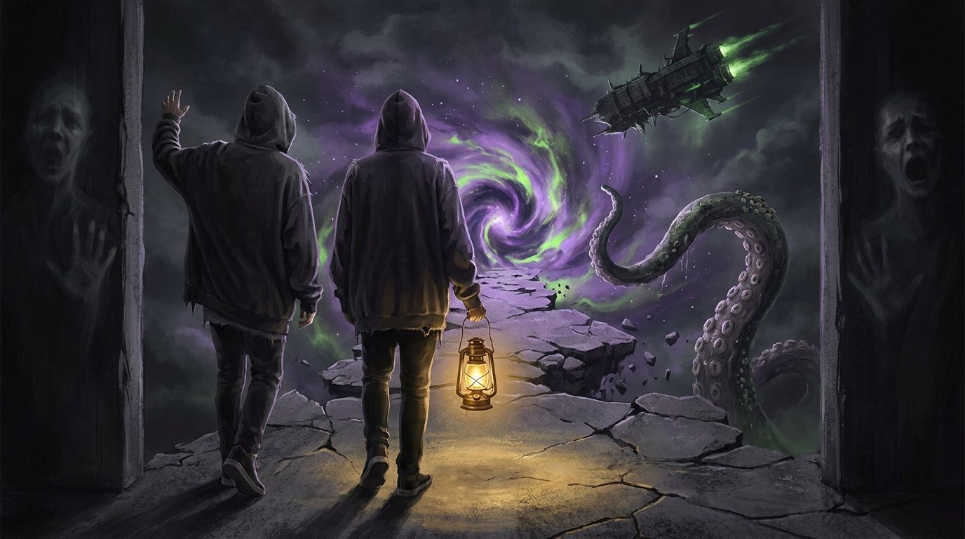 Two hooded figures walking a cracked path into a cosmic vortex, one carrying a lantern